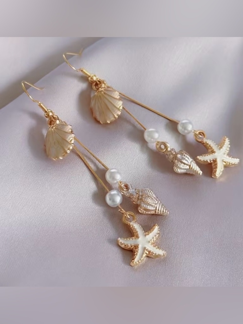 Gold Shell & Starfish Drop Earrings with Pearls